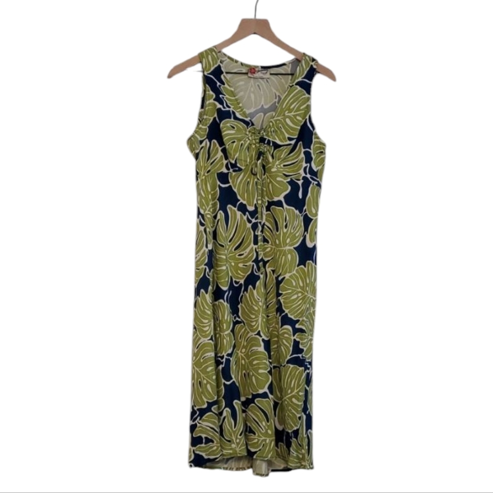 Hilo Hattie The Hawaiian Original  Blue and Green Viscose Leaf Dress, Size Small
